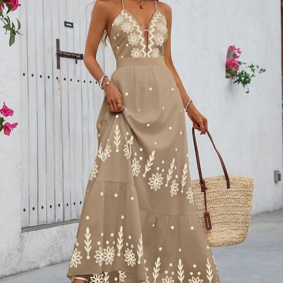 Multicolor Boho Women's Long Camisole Printed Hawaiian Style Maxi Dress - Picture 4 of 6